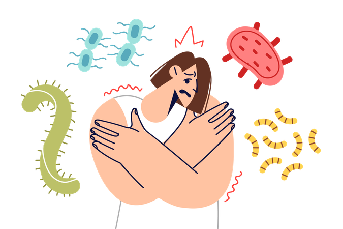 Woman with weak immunity stands among bacteria and viruses or worms and needs vitamins  Illustration