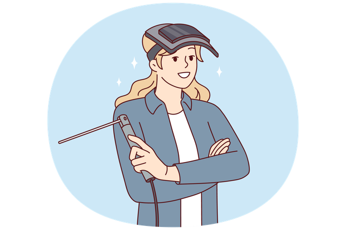 Woman with welding machine and mask protecting eyes stands with arms crossed  Illustration