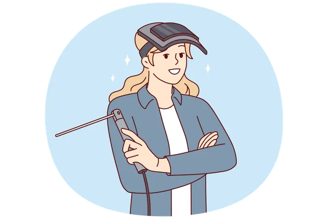 Woman with welding machine and mask protecting eyes stands with arms crossed  Illustration