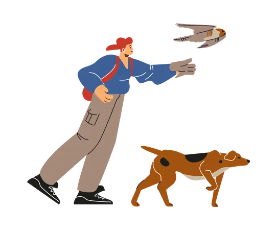 Woman with wild bird prepare for bird hunting show  Illustration