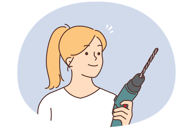 電動ドライバーを手に持ち、自宅で家事をする女性  イラスト