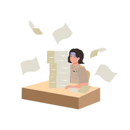 Female Thai Government Officers In Uniform Woman Thai Teacher With Too Overload Paper Worksheet On The Desk Vector Illustration Illustration