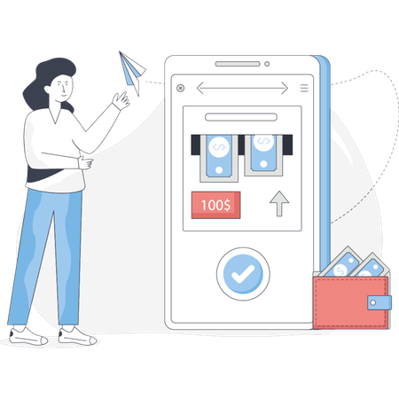 Woman withdrawing money from smartphone  Illustration