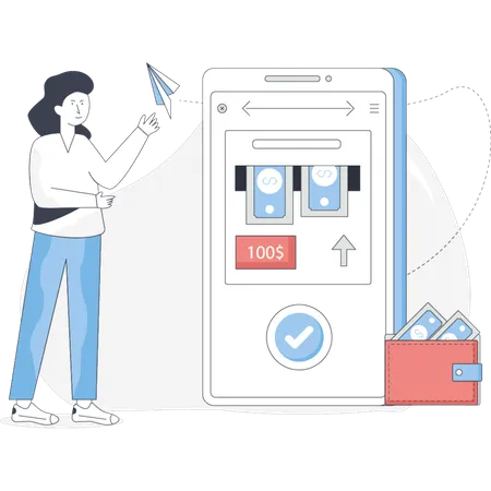Woman withdrawing money from smartphone  Illustration
