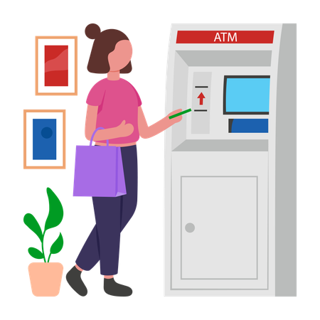 Woman withdraws money from ATM Machine  Illustration