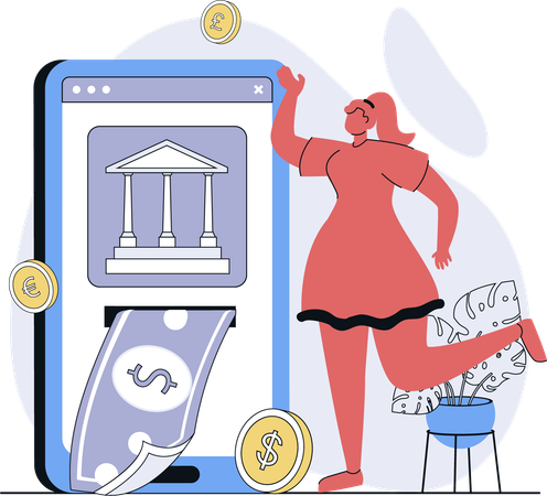 女性がオンラインでお金を引き出す  イラスト