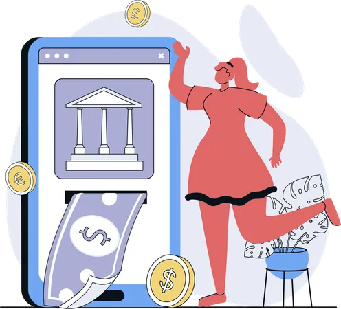 女性がオンラインでお金を引き出す  イラスト