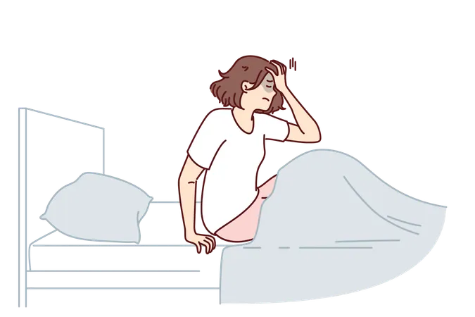 Woman woke up with nightmare and sits in bed holding head  イラスト