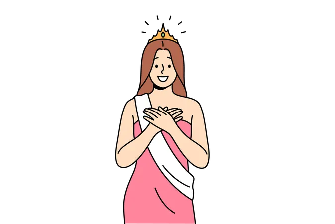 Woman Won Beauty Contest Smiles With Hands On Chest Dressed In Dress With Winner Ribbon And Gold Crown Young Girl Won Beauty Contest Smiles Enjoying Moment Of Triumph And Glory Illustration