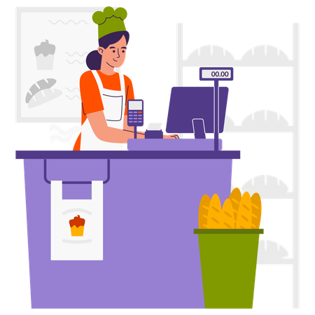 Woman work as cashier at Bakery Shop  Illustration