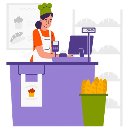 Woman work as cashier at Bakery Shop  Illustration