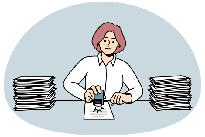 Woman work at desk with documents  Illustration