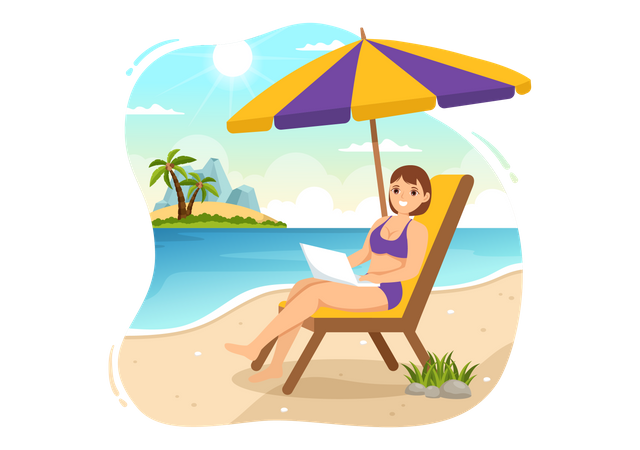 Woman Work From Swimming Pool  Illustration