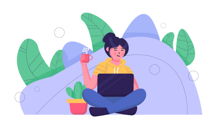 Woman work on laptop and holding coffe  イラスト