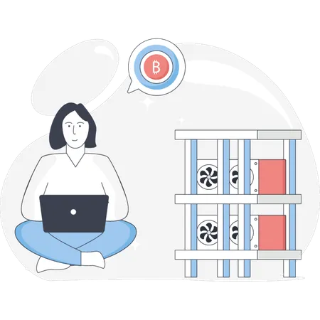 Woman Work On Laptop while investing bitcoin  Illustration