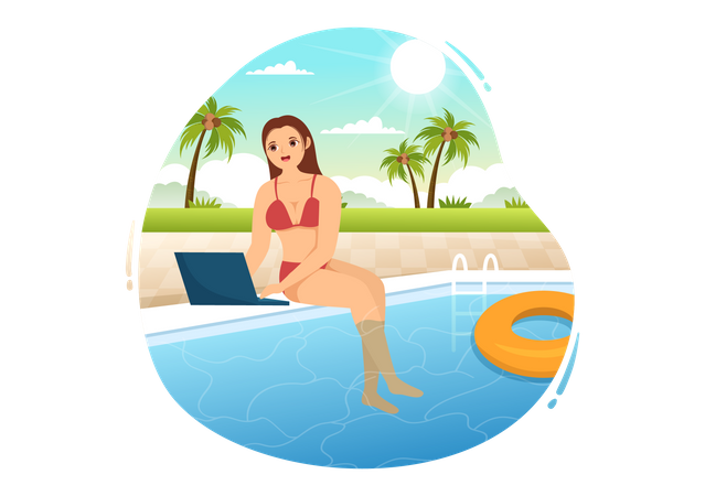 Woman work on vacation  Illustration