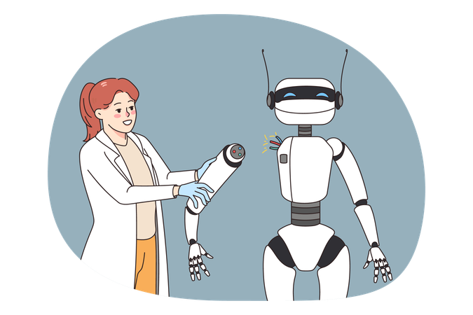 オフィスでAIロボットと働く女性  イラスト