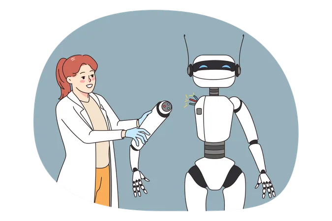 オフィスでAIロボットと働く女性  イラスト