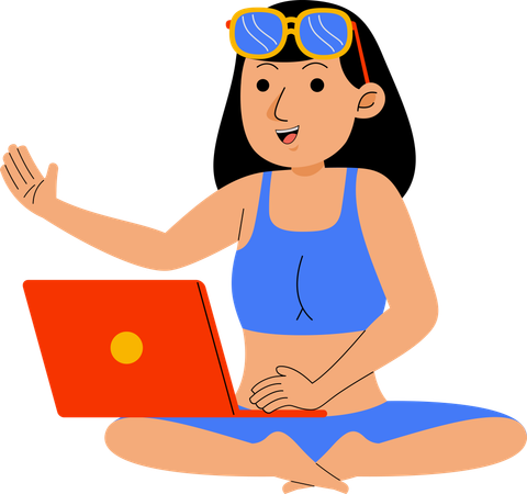 Woman Work with Laptop at Beach  Illustration