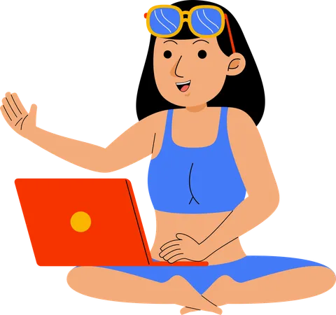 Woman Work With Laptop At Beach Illustration