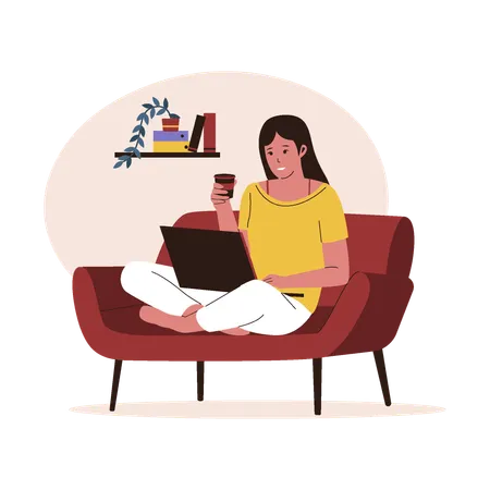 Woman Work With Laptop At Sofa People Activities At Sofa Vector Illustration Concept Illustration