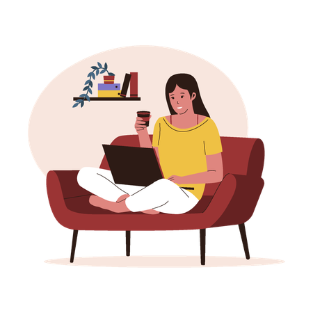 Woman work with laptop at sofa  Illustration