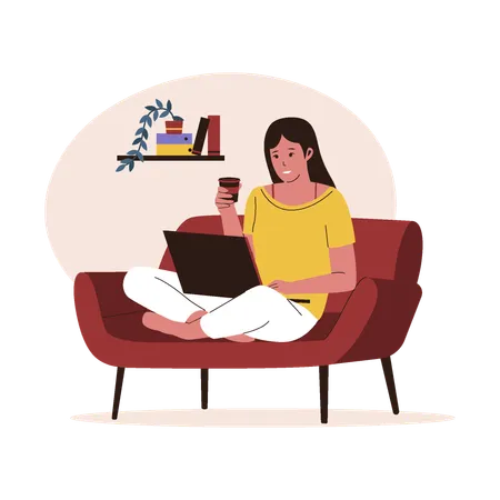 Woman work with laptop at sofa  Illustration