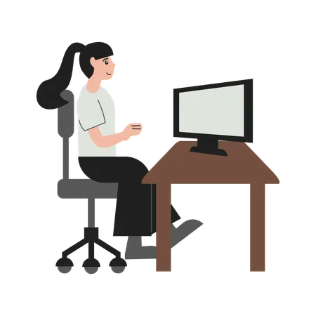 Woman worker at computer desk  Illustration