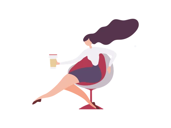 Woman Worker Character Drinking Aroma Beverage and Rest Illustration