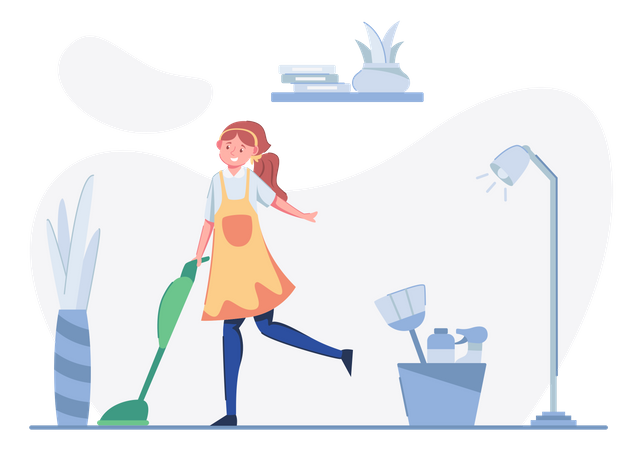 Woman worker cleaning floor with vacuum cleaner Illustration