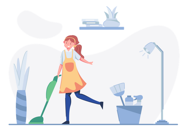 Woman worker cleaning floor with vacuum cleaner  Illustration