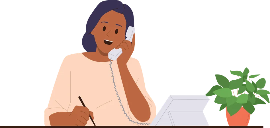 Woman Office Worker Cartoon Character Having Business Call Talking Phone Sitting At Workplace Isolated On White Female Businessperson Clerk Manager Or Secretary At Work Vector Illustration Illustration