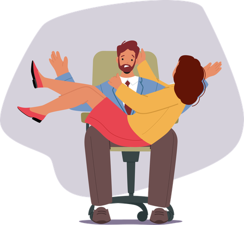 Woman worker jumping on knees of her confused male colleague demonstrating passion and obsession  Illustration