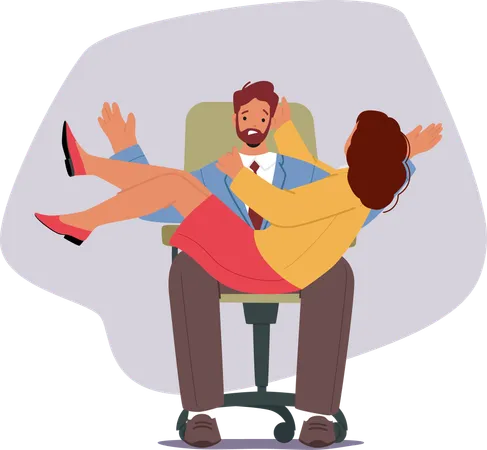 Woman worker jumping on knees of her confused male colleague demonstrating passion and obsession  Illustration