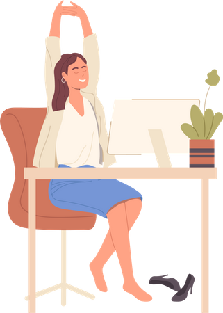 Woman worker sitting at desk having rest and doing stretching exercise  Illustration