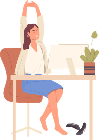 Woman worker sitting at desk having rest and doing stretching exercise  Illustration