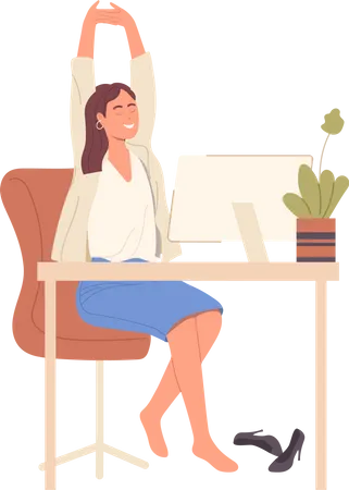 Woman worker sitting at desk having rest and doing stretching exercise  Illustration