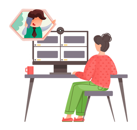 Woman worker talking through video call sitting at table  Illustration