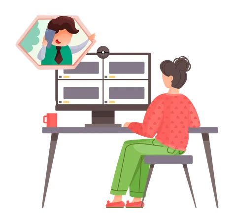 Woman worker talking through video call sitting at table  Illustration