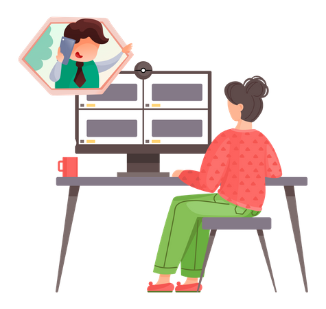 Woman worker talking through videocall sitting at table Illustration