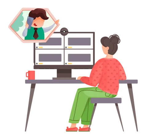 Woman worker talking through videocall sitting at table Illustration