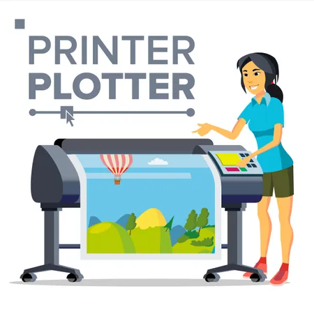 Woman Worker With Plotter Vector Illustration