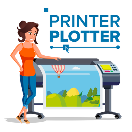 Woman Worker With Plotter Vector  Illustration