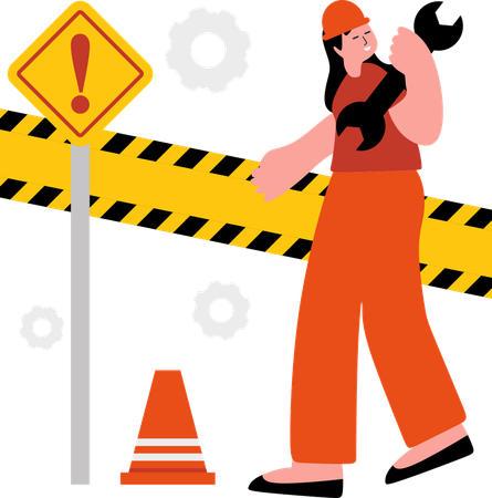 Woman Worker with Warning Sign  Illustration