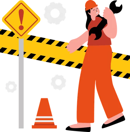 Woman Worker with Warning Sign  Illustration