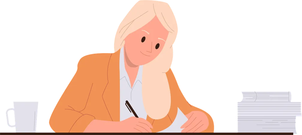 Woman Office Worker Cartoon Character Writing Notes Project Plan Or Business Letter At Worktable Isolated On White Background Female Executive Manager Working With Document Vector Illustration Illustration