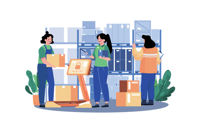 Woman Workers Manage Warehouse Illustration