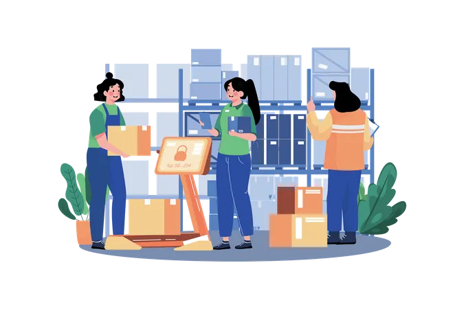 Woman Workers Manage Warehouse Illustration