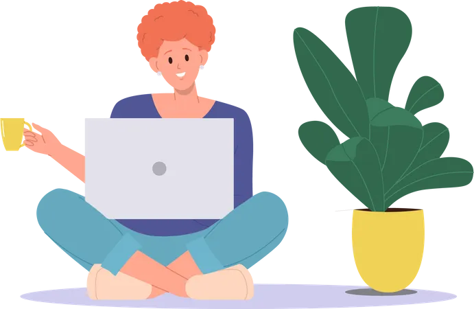 Young woman working on laptop at home  Illustration