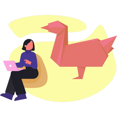 Woman working about origami on laptop  Illustration